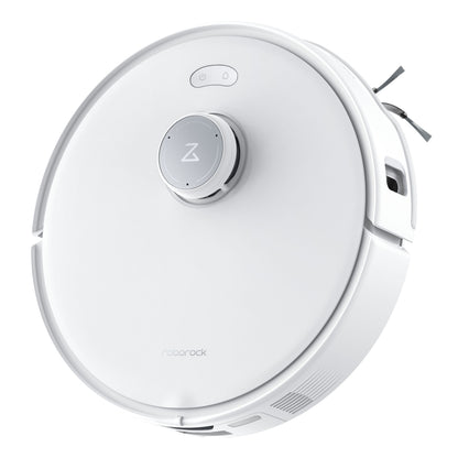 Roborock Qrevo Edge fuldautomatisk robotstøvsuger hvid, rund model med hævet sensor, sidebørster og simple kontrolknapper.