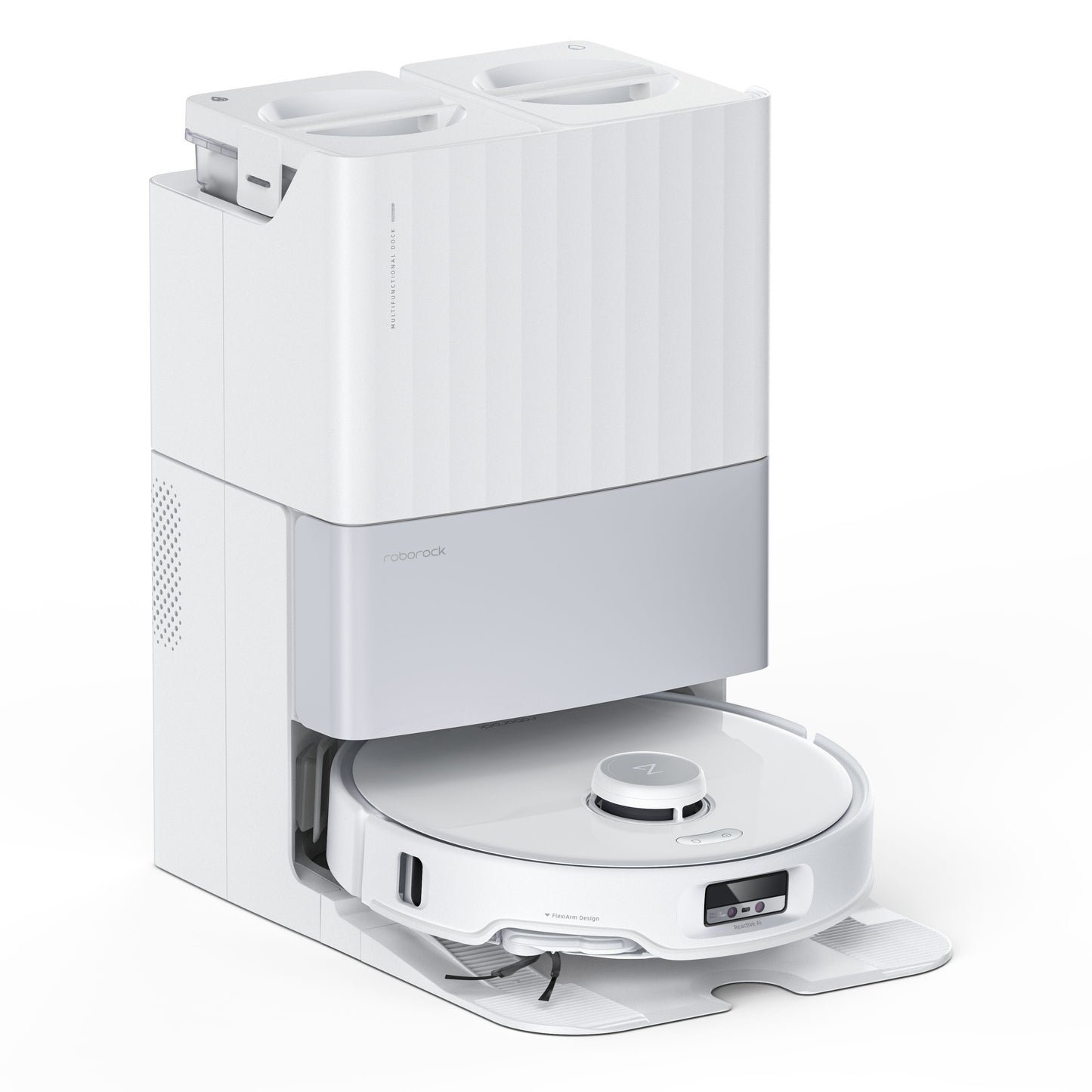 Roborock Qrevo Edge fuldautomatisk robotstøvsuger dokker ved lade- og rengøringsstation med to topkompartmenter og logo.