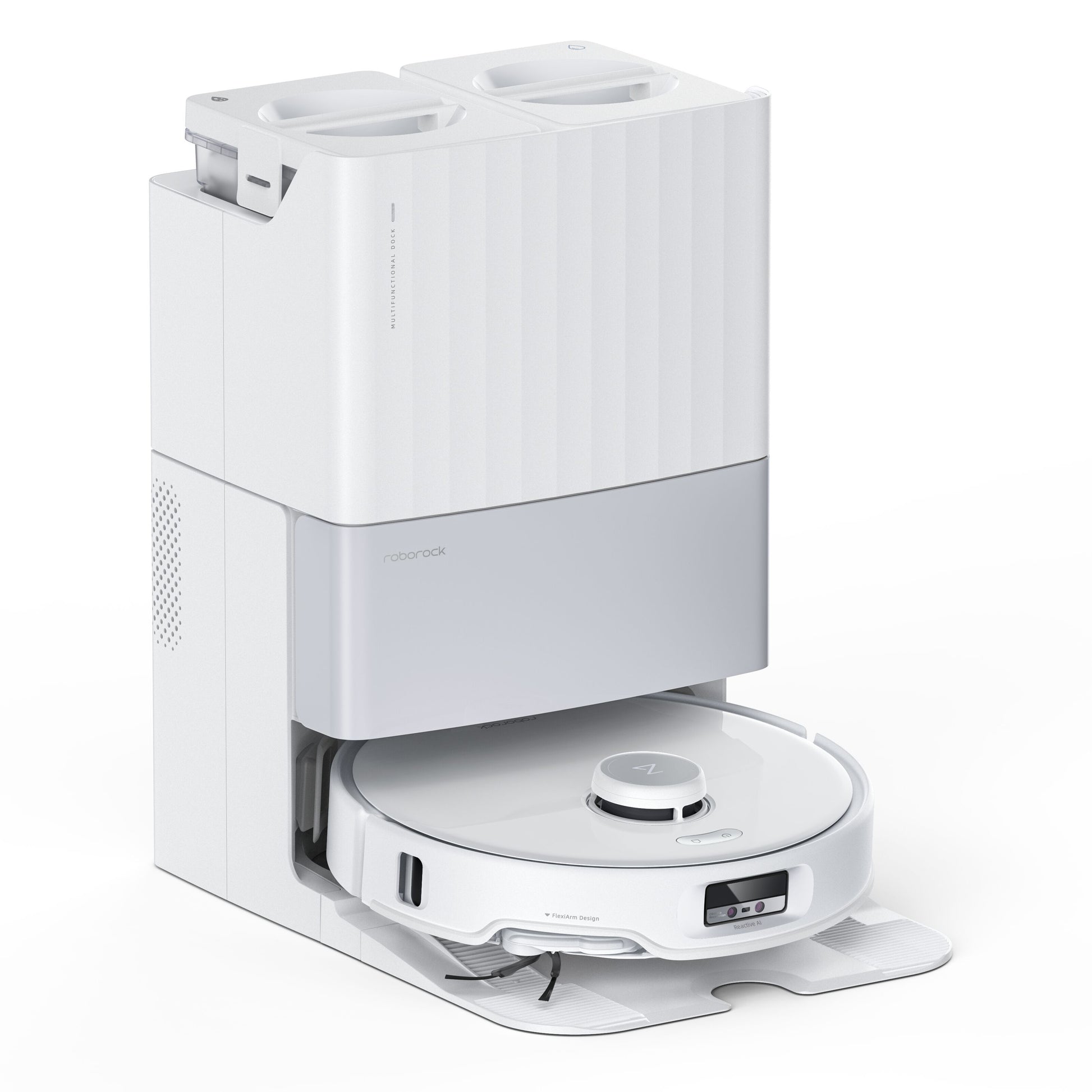 Roborock Qrevo Edge fuldautomatisk robotstøvsuger dokker ved lade- og rengøringsstation med to topkompartmenter og logo.