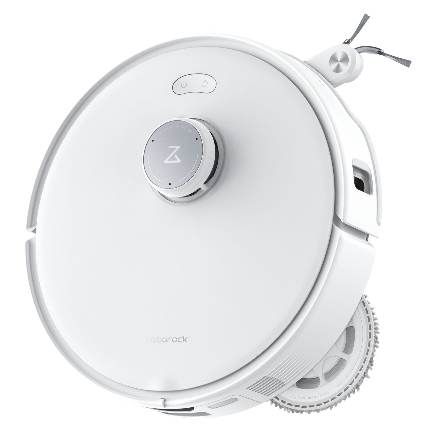 Roborock Qrevo Edge robotstøvsuger hvid, cirkulært design, sidebørste, hævet sensormodul på toppen.