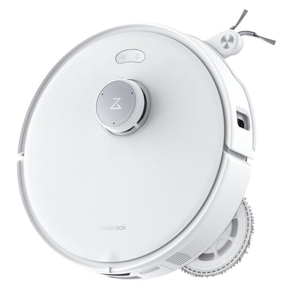 Roborock Qrevo Edge robotstøvsuger hvid, cirkulært design, sidebørste, hævet sensormodul på toppen.