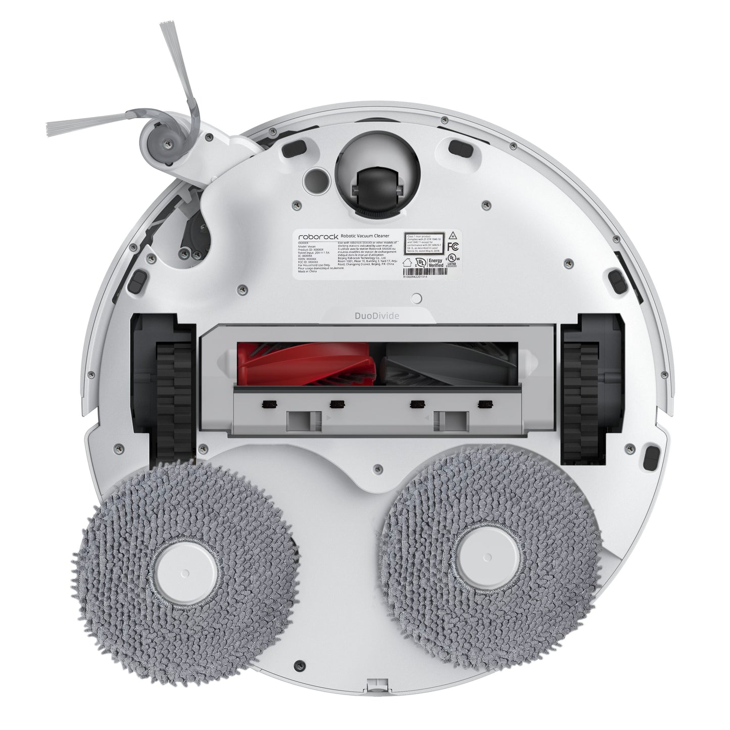 Roborock Qrevo Edge fuldautomatisk robotstøvsuger bundt med to grå moppepuder, gummihjul, rød børsterulle, sidebørste venstre.