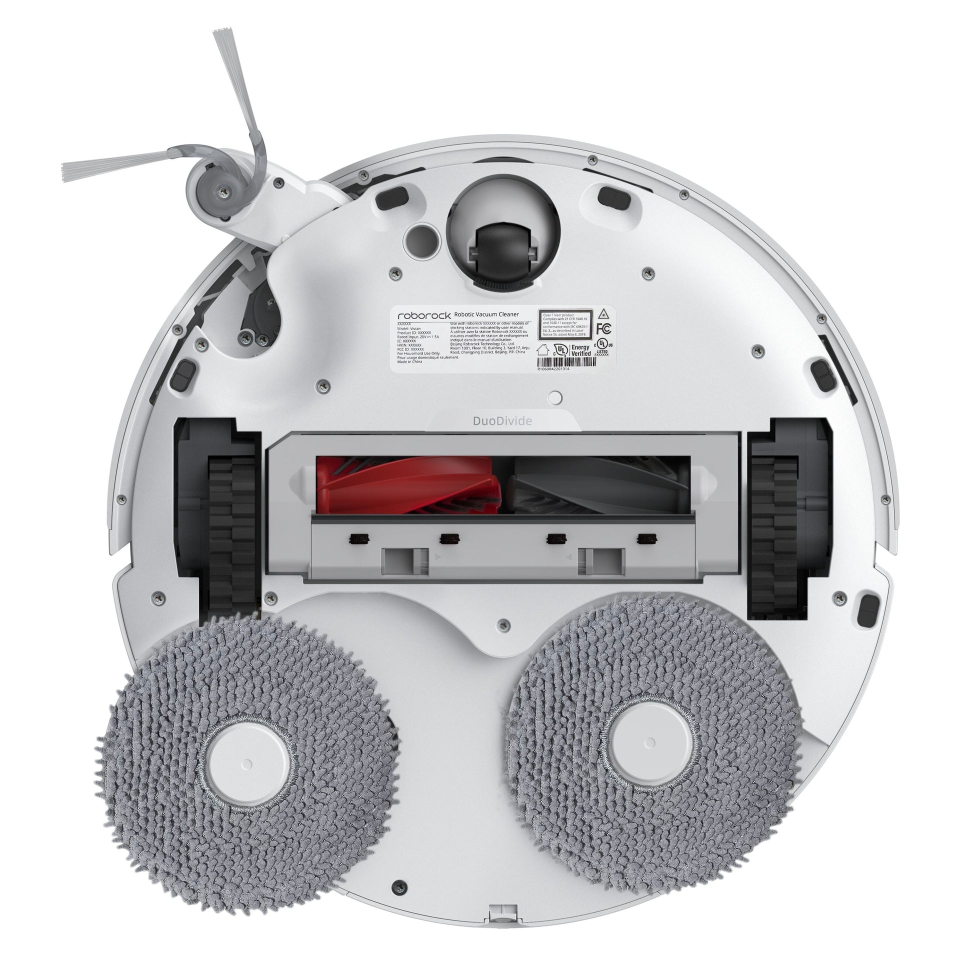 Roborock Qrevo Edge fuldautomatisk robotstøvsuger bundt med to grå moppepuder, gummihjul, rød børsterulle, sidebørste venstre.