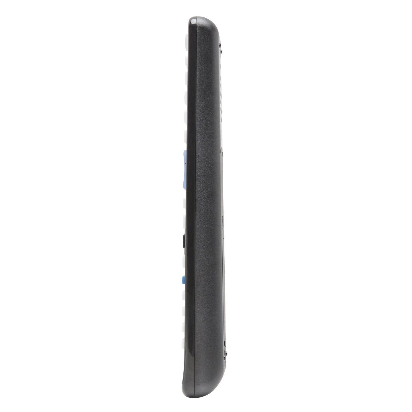 Sort Fjernbetjening til Samsung TV, sideprofil, blå knapper langs kanten.