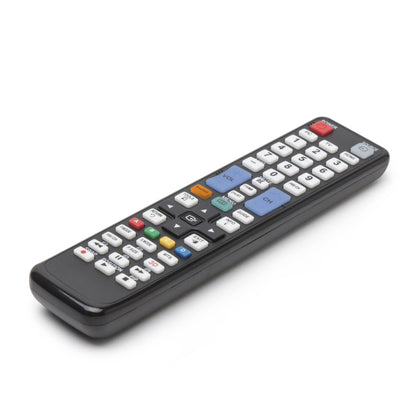 Samsung TV fjernbetjening med farvede knapper, ses skråt så knapper og kontroller tydeligt vises.