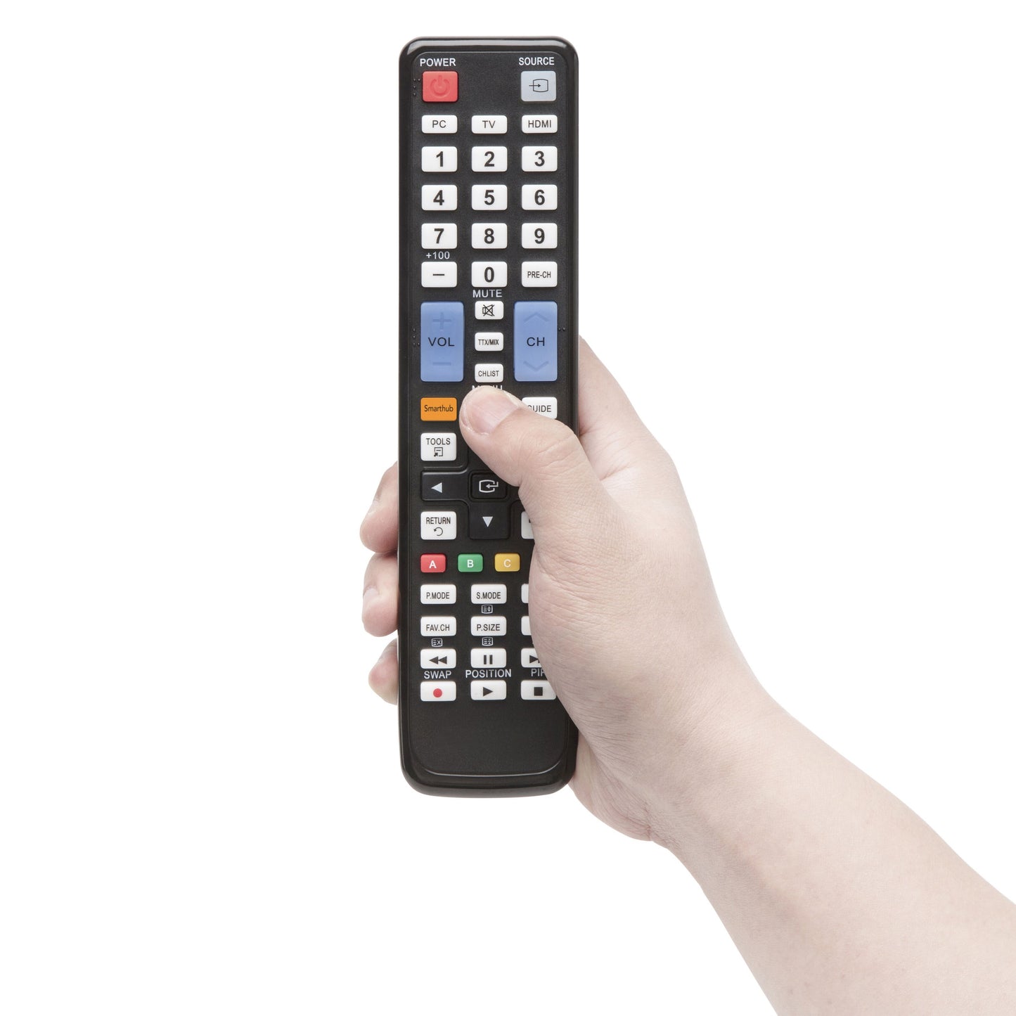 Sort fjernbetjening til Samsung TV med power-, nummer-, volumenkontrol-, kanal- og SmartHub-knapper i brug.