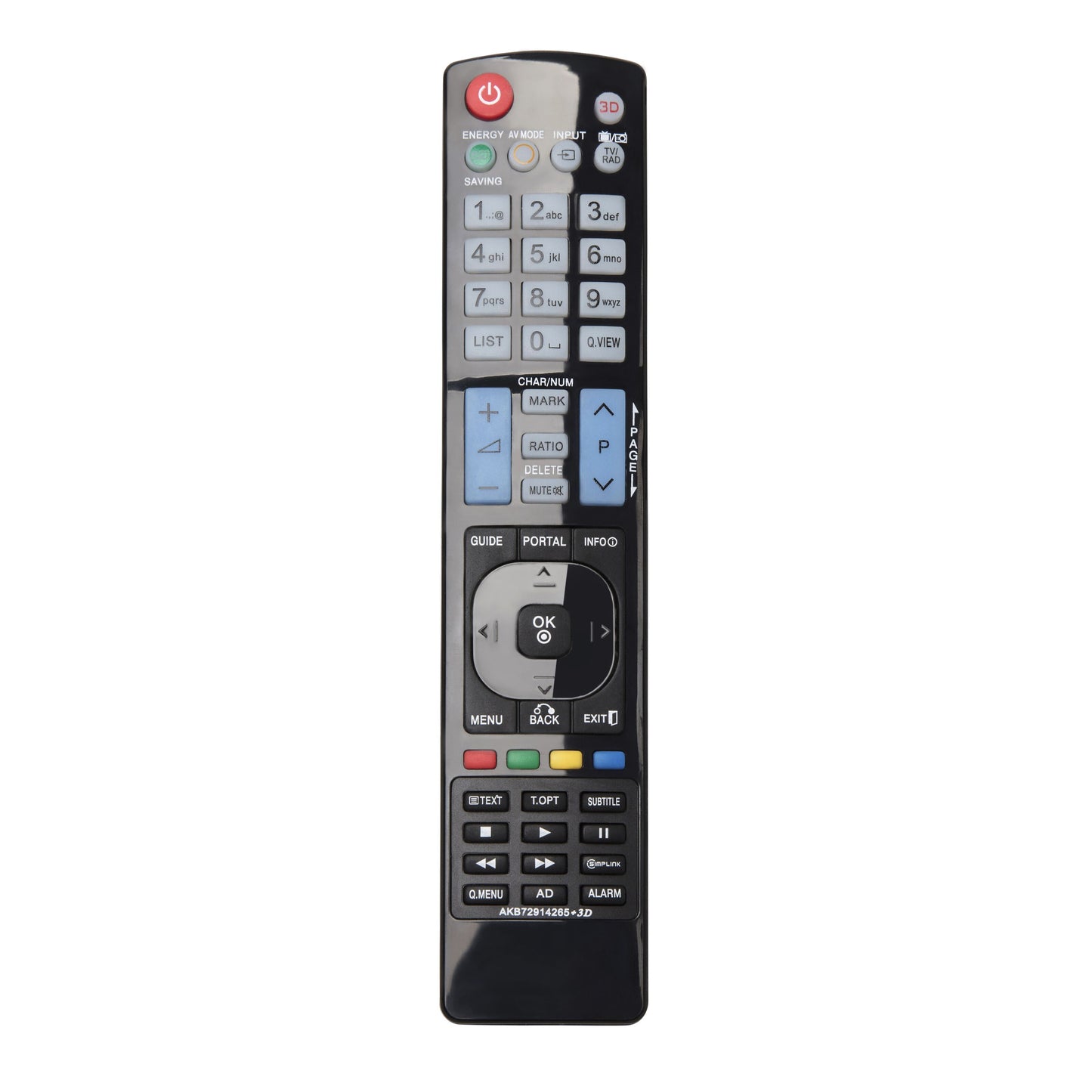 Luxorparts fjernbetjening til LG TV, sort med farvede knapper til strøm, tal, lydstyrke, navigation og mediefunktioner.