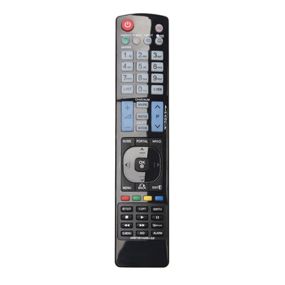 Luxorparts fjernbetjening til LG TV, sort med farvede knapper til strøm, tal, lydstyrke, navigation og mediefunktioner.