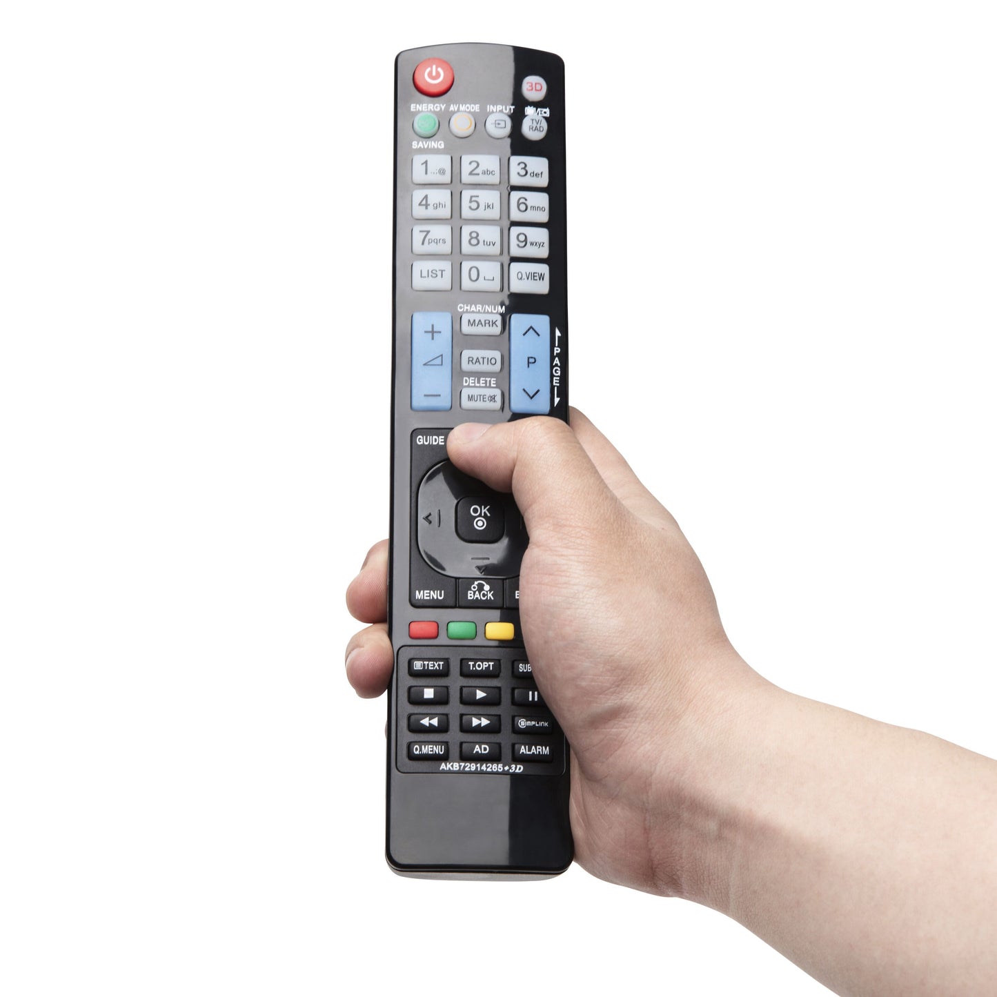 LG TV fjernbetjening Luxorparts med farvede knapper og tydelige labels, OK-knap trykkes, hånd holder fjernbetjeningen.