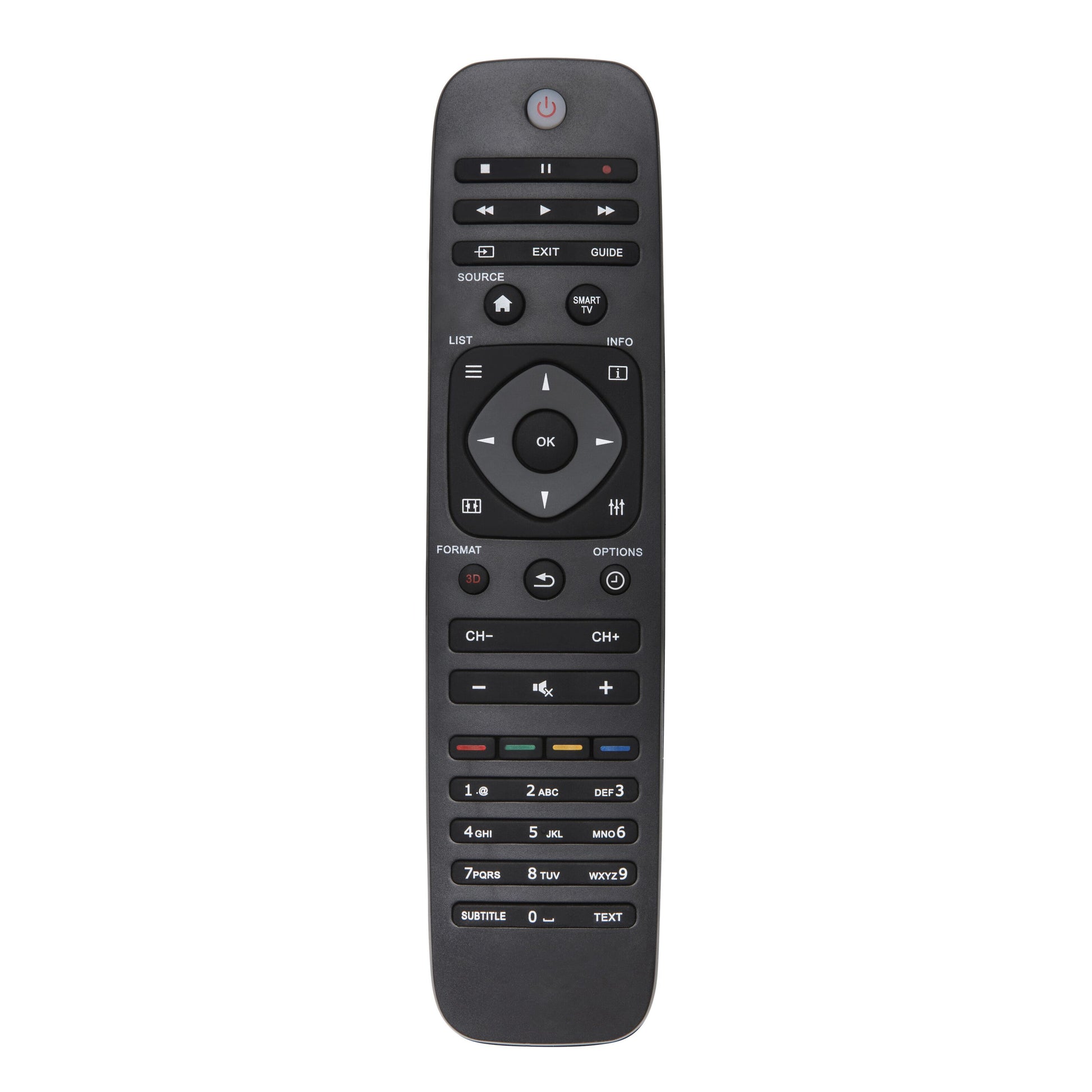Philips TV fjernbetjening sort med knapper til tænd/sluk, lyd, kanaler, navigation, tal og andre funktionsknapper.