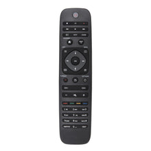 Philips TV fjernbetjening sort med knapper til tænd/sluk, lyd, kanaler, navigation, tal og andre funktionsknapper.
