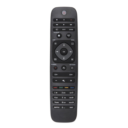 Philips TV fjernbetjening sort med knapper til tænd/sluk, lyd, kanaler, navigation, tal og andre funktionsknapper.