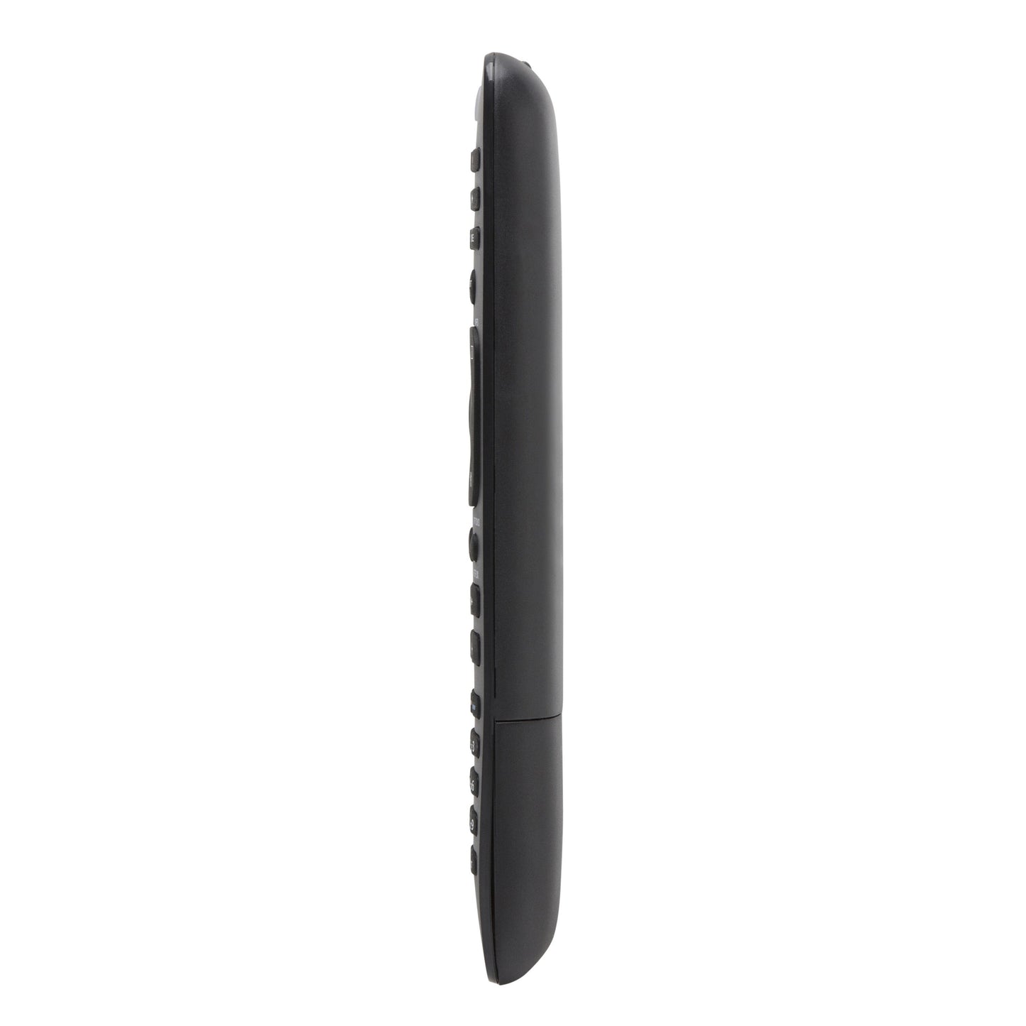Luxorparts fjernbetjening til Philips TV, sort, slankt design, vises fra siden med buet form og knaplayout.