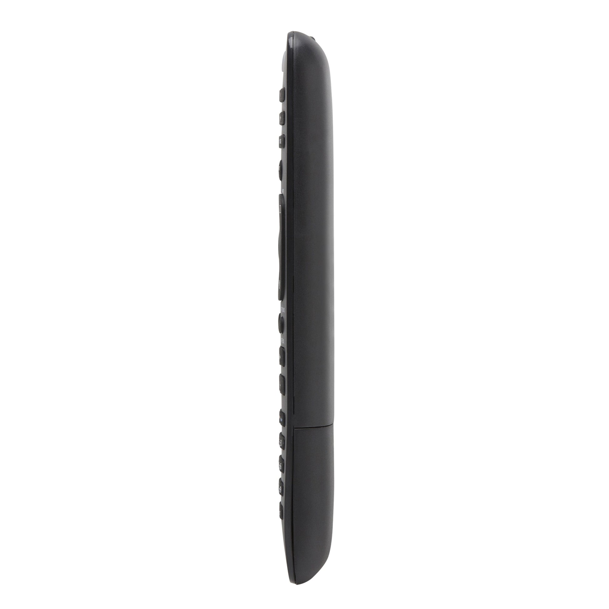 Luxorparts fjernbetjening til Philips TV, sort, slankt design, vises fra siden med buet form og knaplayout.