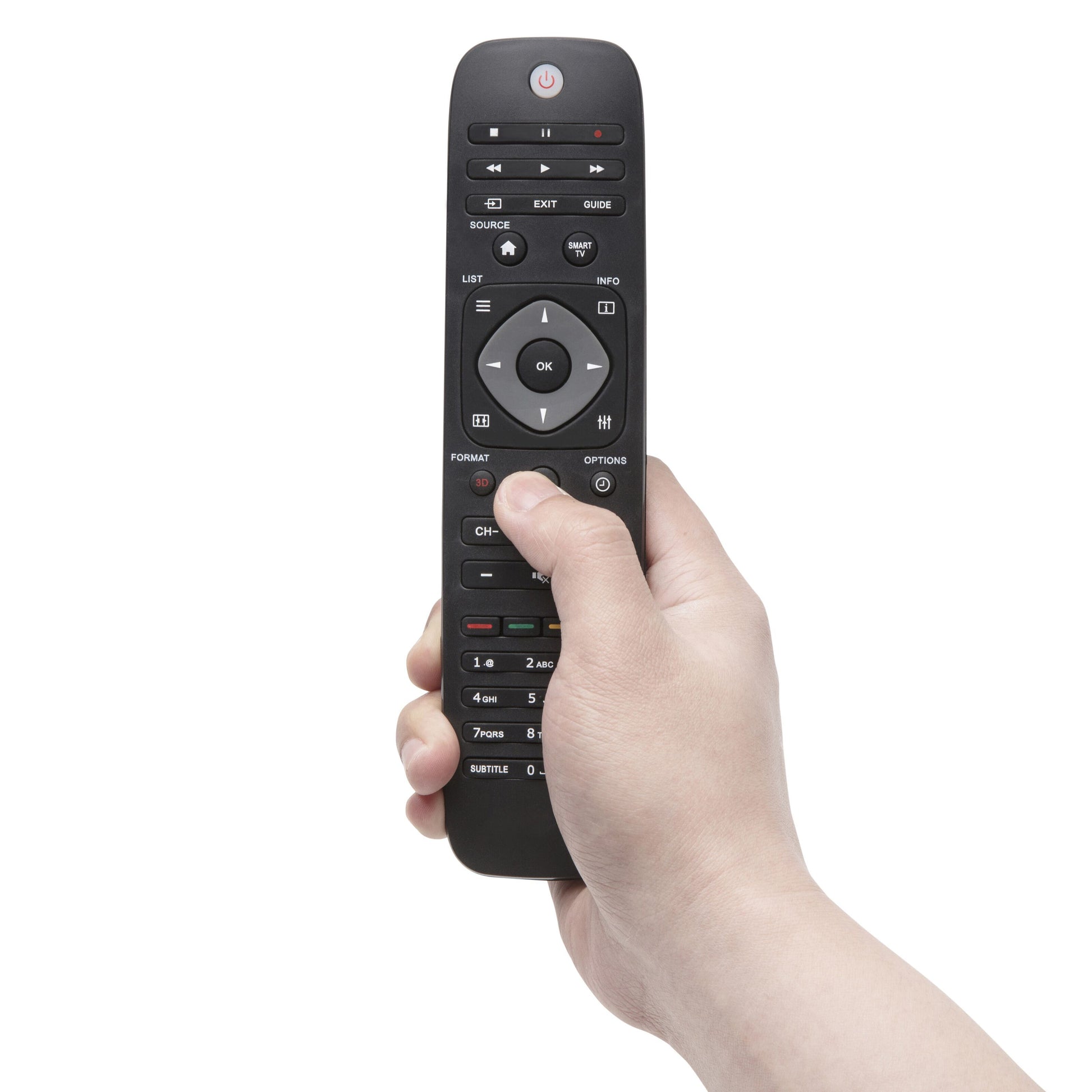 Hånd holder Luxorparts fjernbetjening til Philips TV, tommelfinger trykker på midterknap.