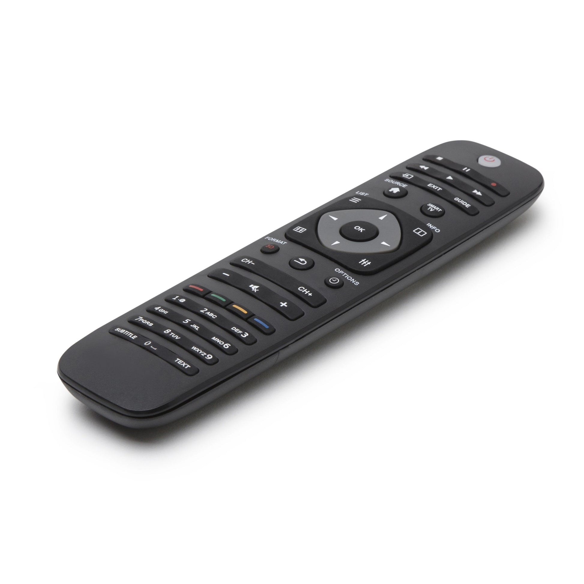 Philips universal fjernbetjening, sort, mange knapper, cirkulær navigationspad, mange funktions- og standardkontroller.