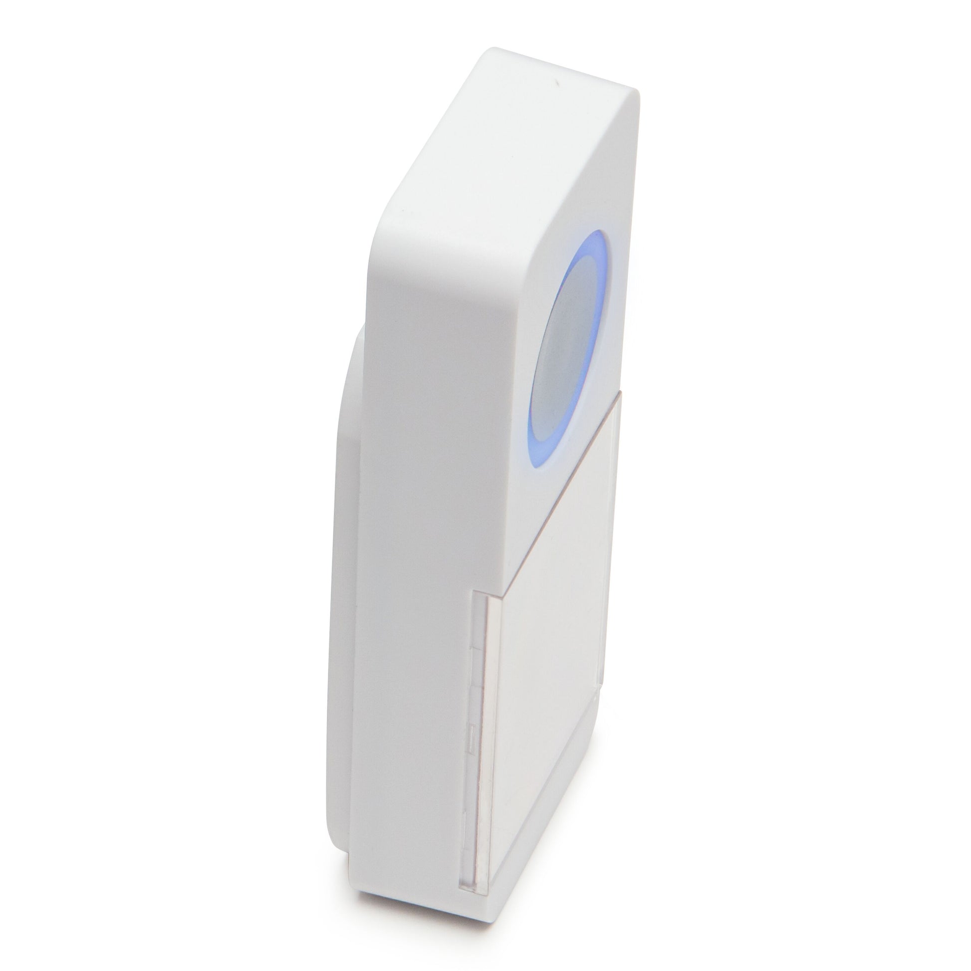 Cleverio ekstra trykknap til trådløs dørklokke, hvid, rektangulær, afrundede kanter, blå belyst knap foroven, 433 MHz.
