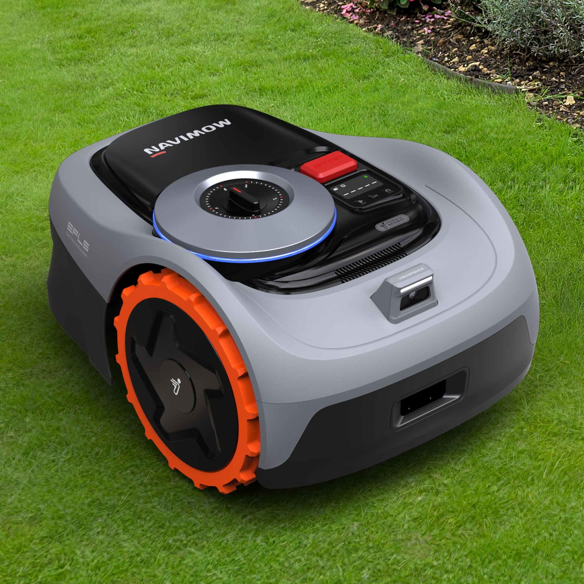 Segway Navimow i105e robotplæneklipper til 500 m² grå og sort med orange hjul på græs nær blomsterbed.