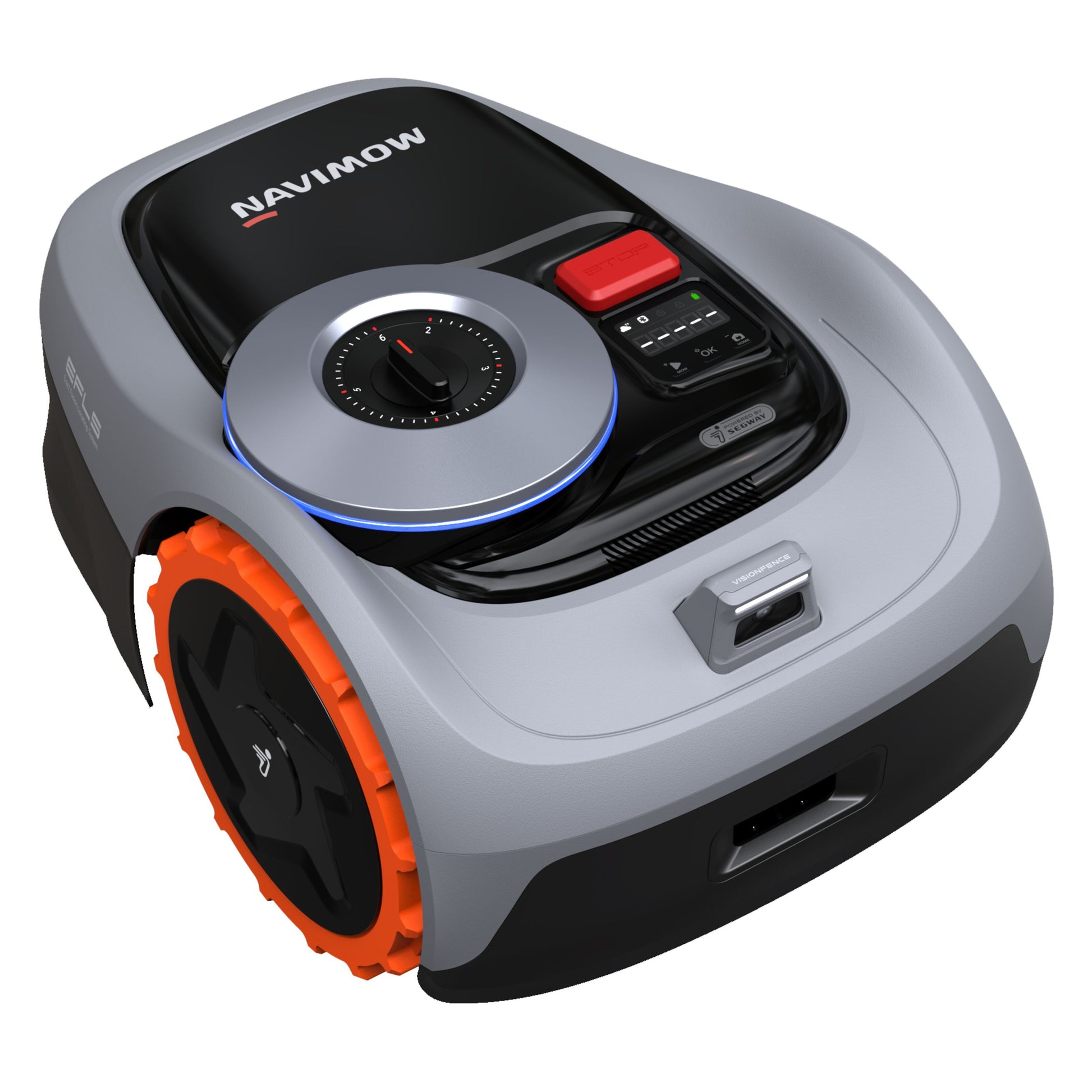 Segway Navimow i105e robotplæneklipper grå/sort til 500 m² med orange hjul, kontrolknapper, stor drejeknap, app-styring.