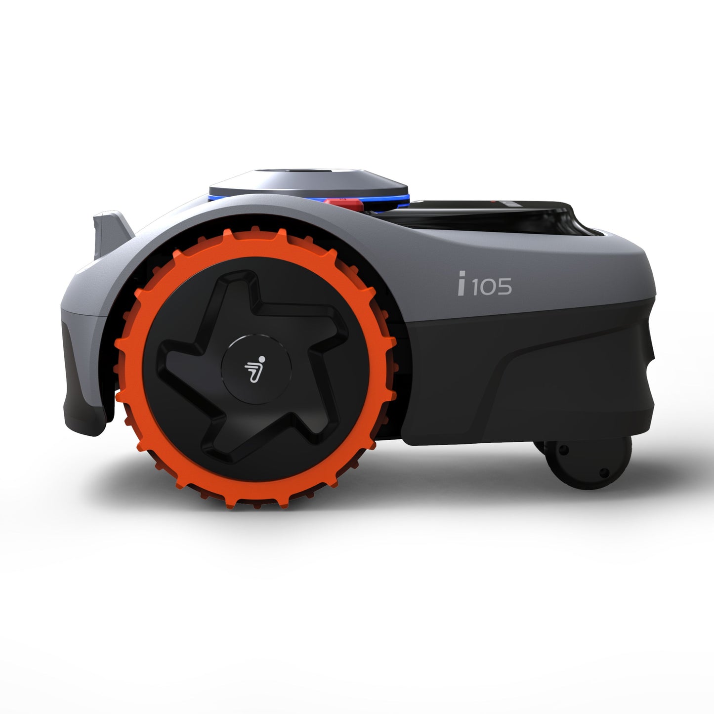 Segway Navimow i105e robotplæneklipper 500 m², grå, orange hjul, "i105" på siden, ingen afgrænsningskabel.