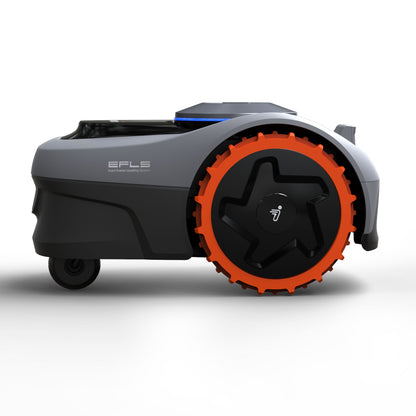 Segway Navimow i105e robotplæneklipper 500 m² grå og sort med store hjul med orange kant set fra siden.