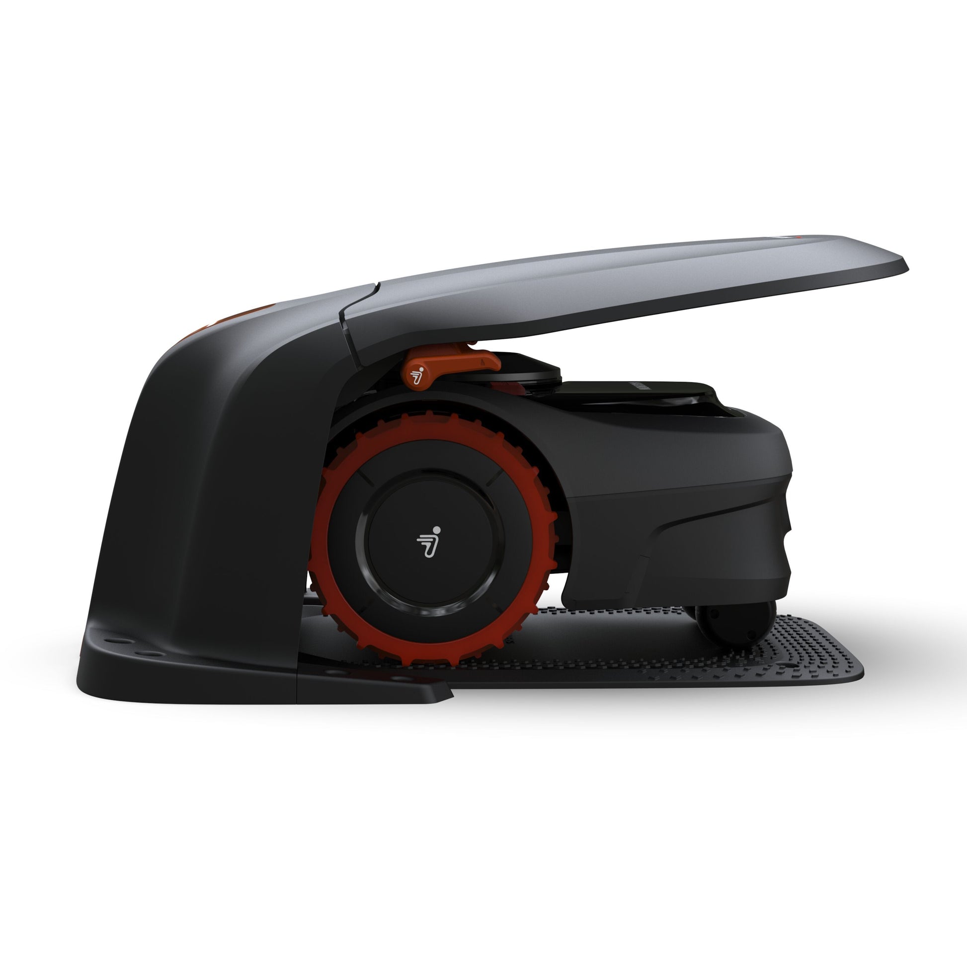 Segway Navimow i105 robotplæneklipper sort/orange på base delvist under Garage S1A02E buet overdækning.
