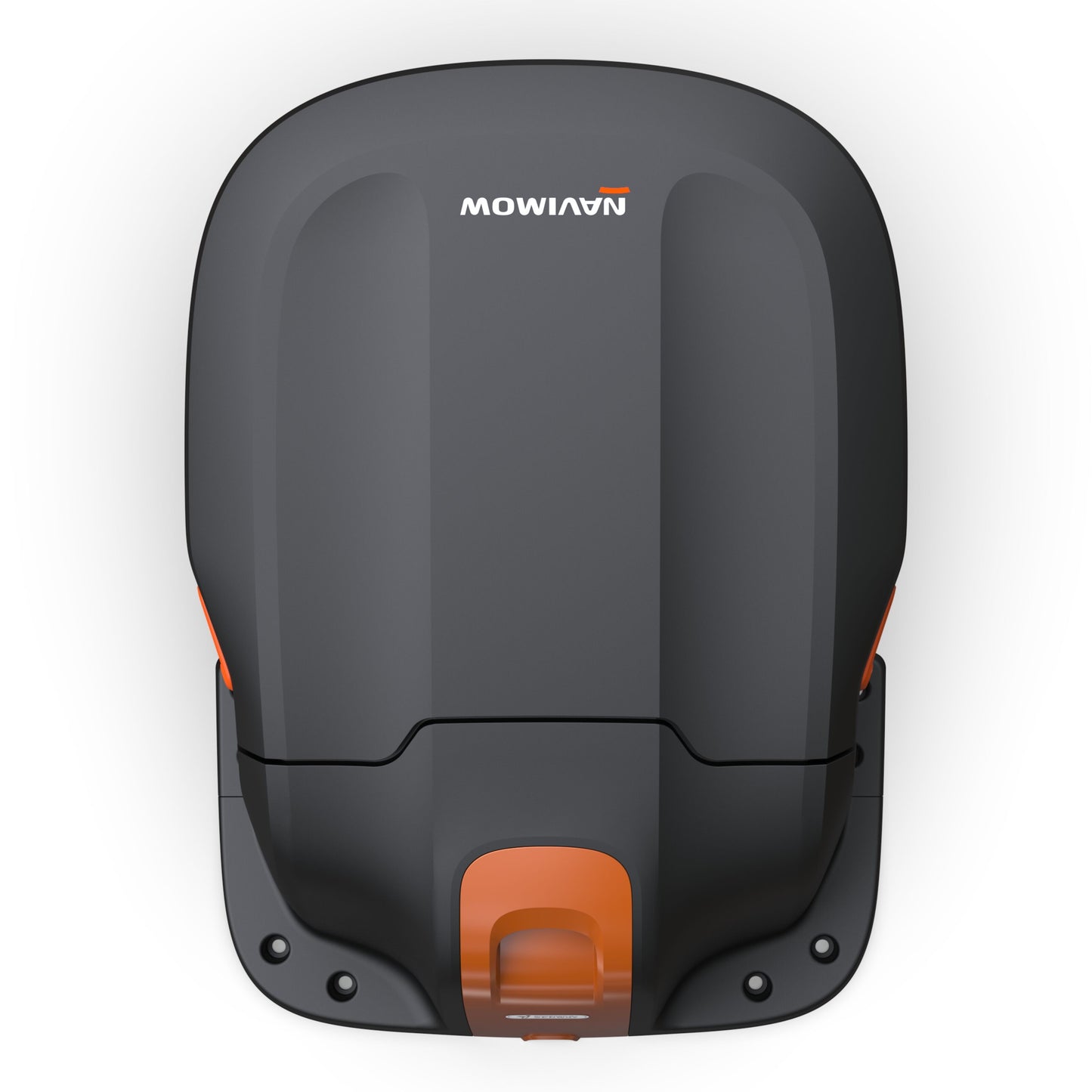Segway Garage S1A02E til Navimow i105 og i208E AWD i mørkegrå med orange detaljer, set oppefra, afrundet design.