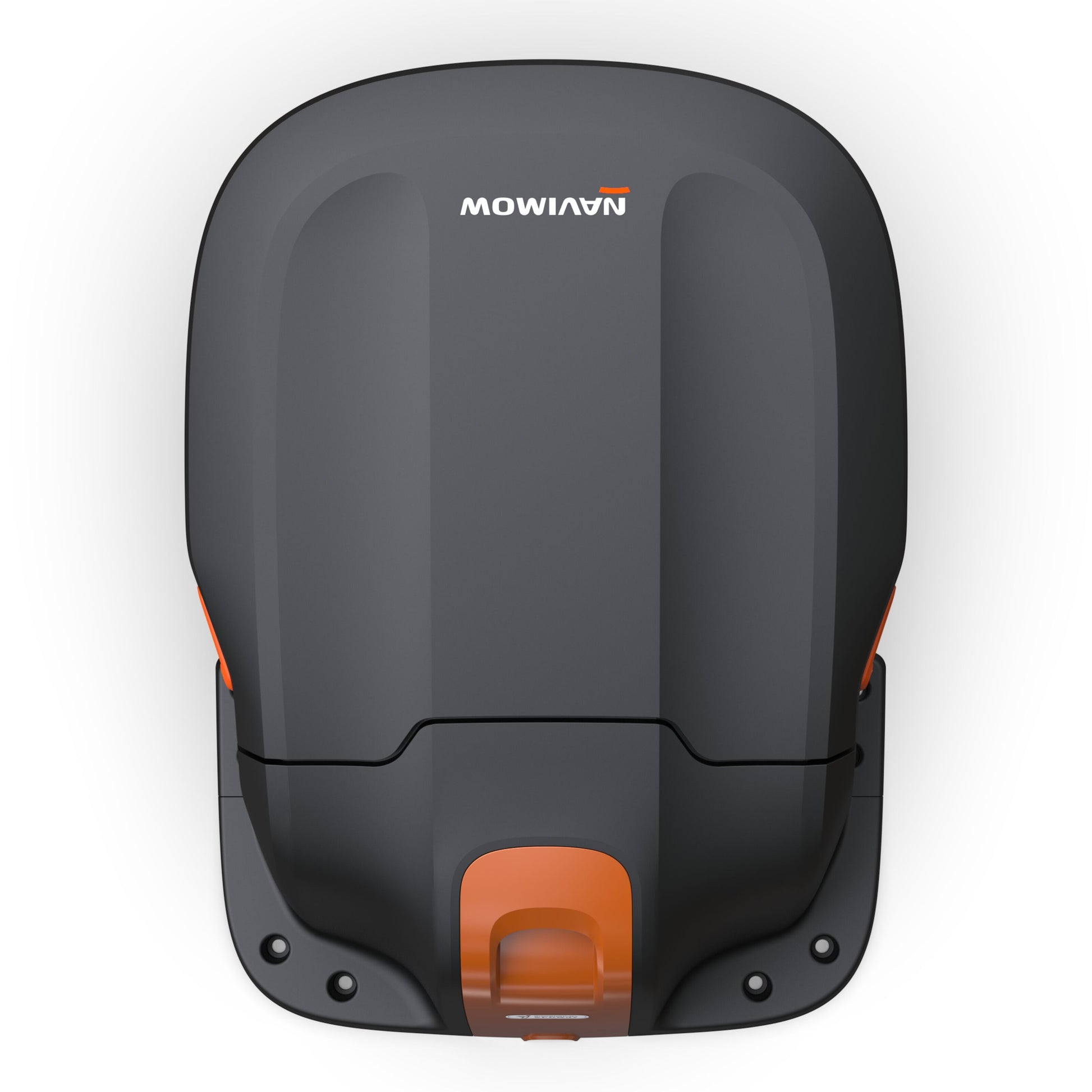Segway Garage S1A02E til Navimow i105 og i208E AWD i mørkegrå med orange detaljer, set oppefra, afrundet design.