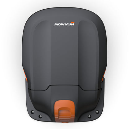 Segway Garage S1A02E til Navimow i105 og i208E AWD i mørkegrå med orange detaljer, set oppefra, afrundet design.