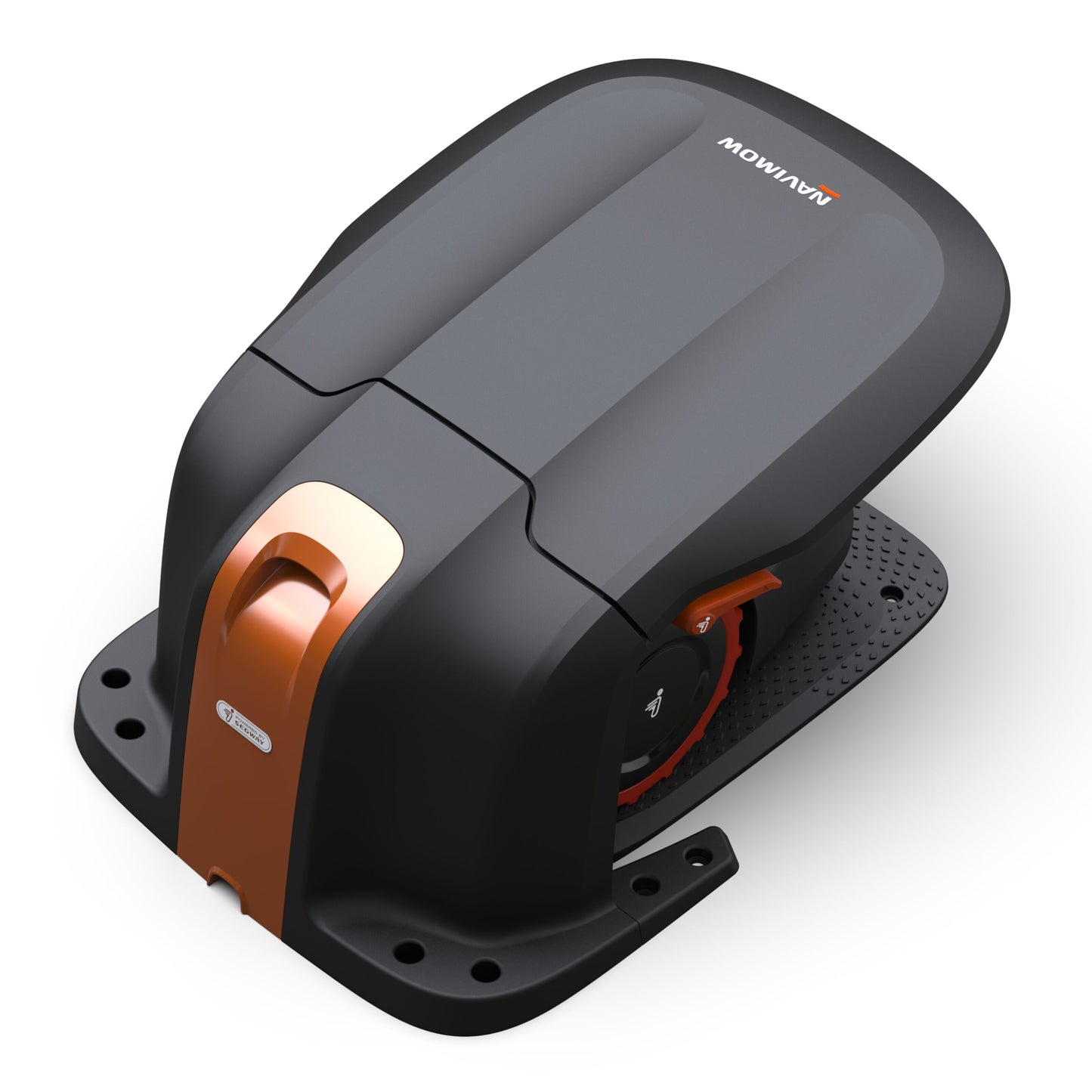Segway Navimow i105 robotplæneklipper på ladebase under garage, sort og orange design med tydeligt mærke.