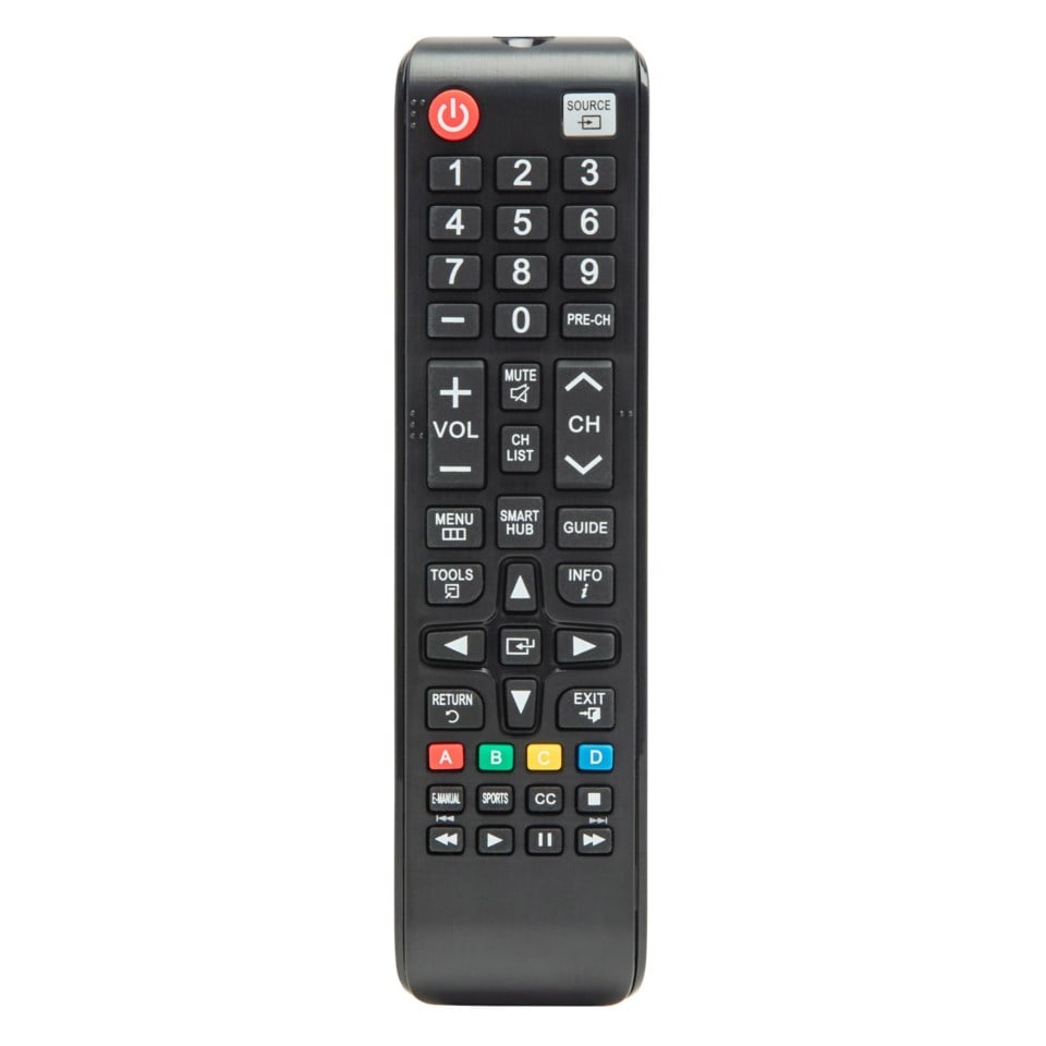 Luxorparts fjernbetjening til Samsung TV, sort, rektangulær med tal-, lyd-, kanal-, tænd/sluk- og smarthub-knapper.