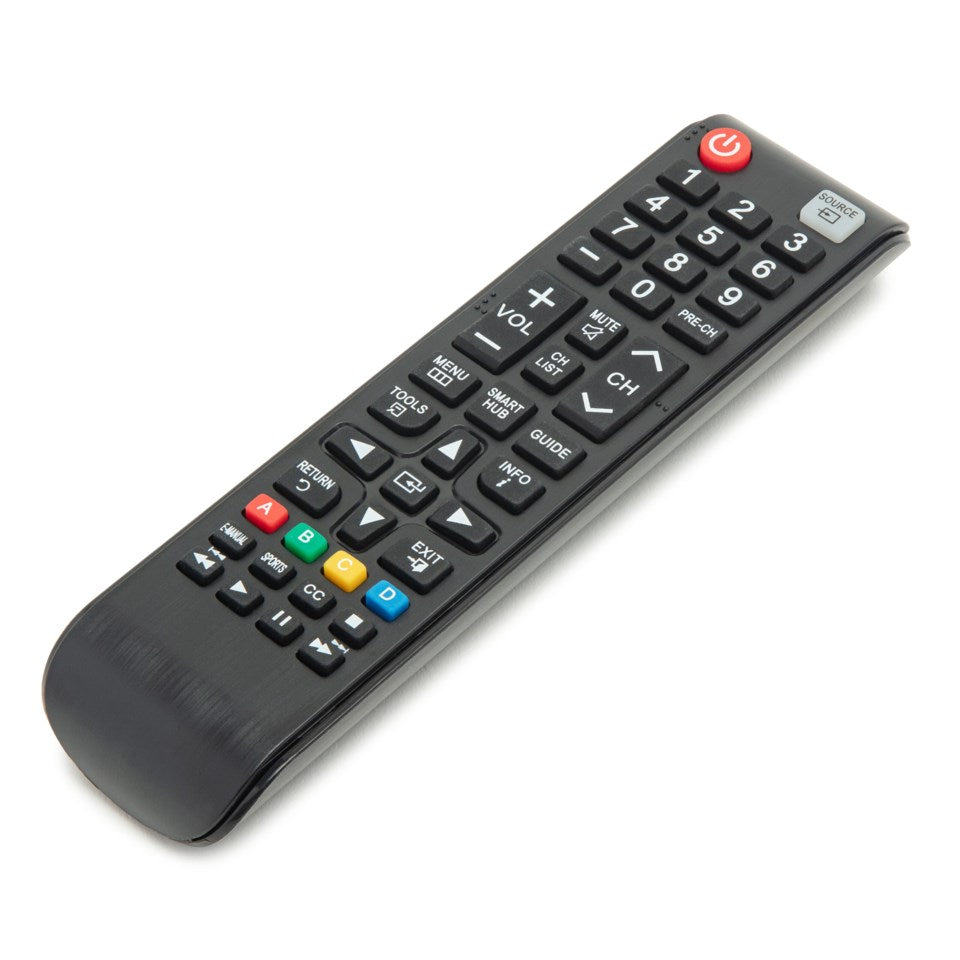 Sort universal fjernbetjening til Samsung TV med tal-, lyd-, kanal- og tænd/sluk-knapper samt langt flere funktionsknapper.
