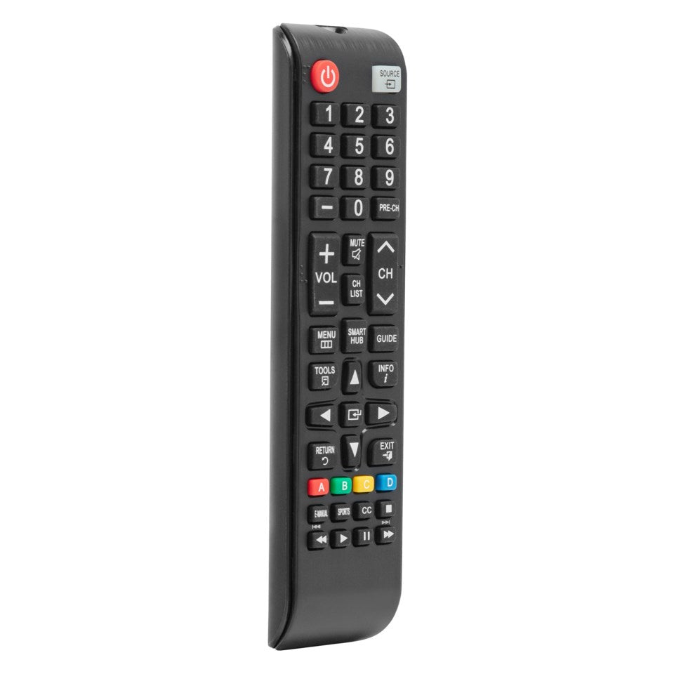 Samsung TV fjernbetjening sort, vippet mod højre, rød tænd/sluk-knap, numerisk tastatur, lyd/kanal/menu og farvede genveje.