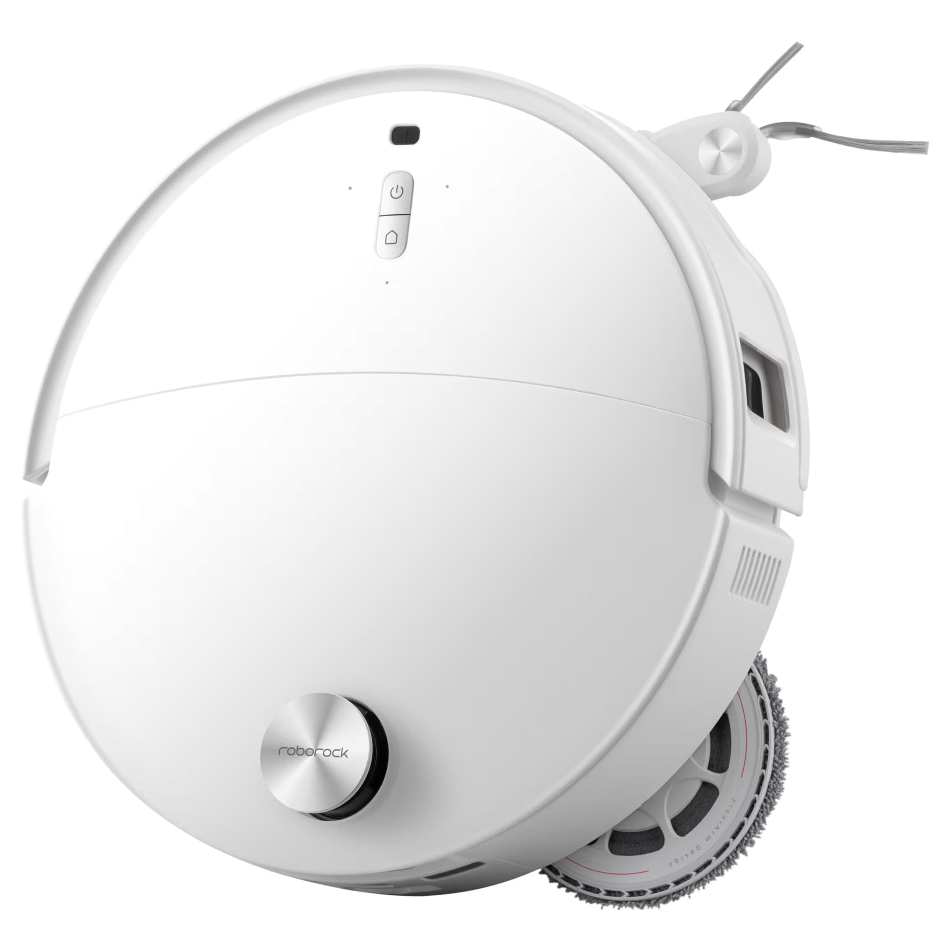 Roborock Qrevo Edge 2 Pro robotstøvsuger med moppe, to knapper på toppen, rund frontsensor og sidebørste.