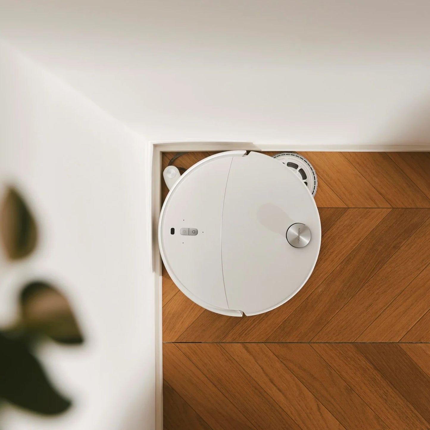 Roborock Qrevo Edge 2 Pro robotstøvsuger med moppe i hjørne på sildebensmønstret trægulv set ovenfra.
