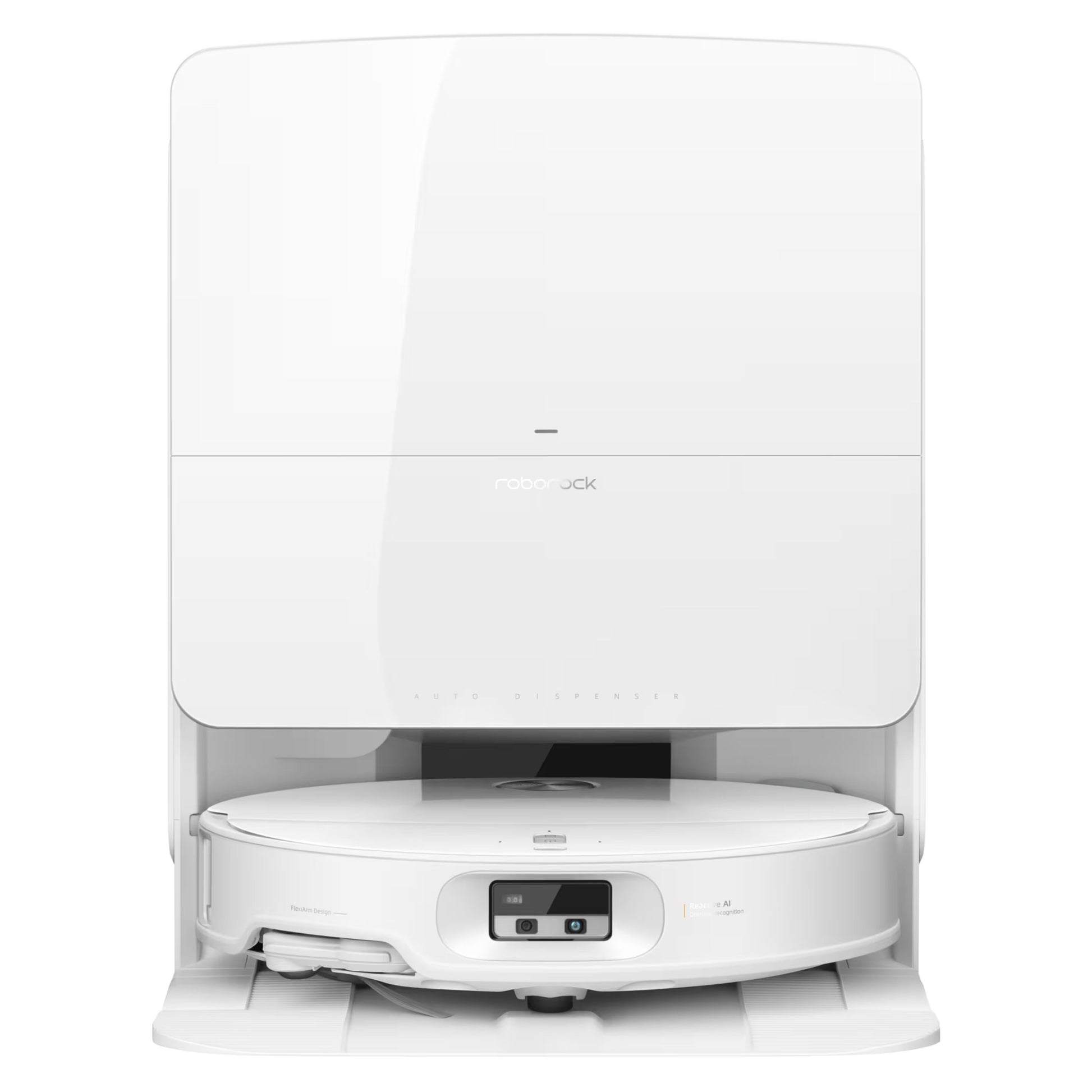 Roborock Qrevo Edge 2 Pro robotstøvsuger med moppe i hvid lade- og rengøringsdock med digitalt display på fronten.