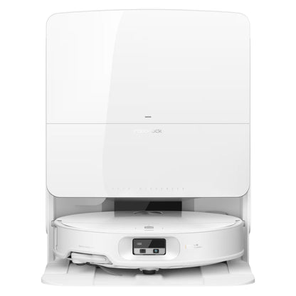 Roborock Qrevo Edge 2 Pro robotstøvsuger med moppe i hvid lade- og rengøringsdock med digitalt display på fronten.