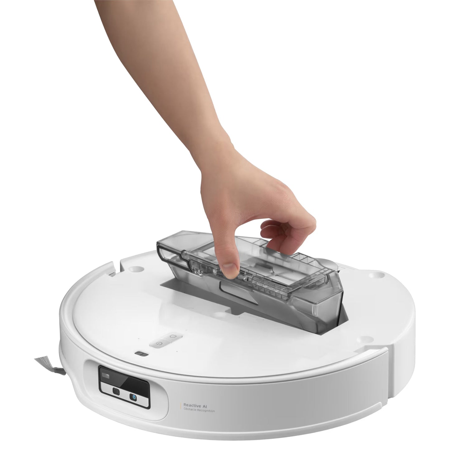 Roborock Qrevo Edge 2 Pro robotstøvsuger med moppe hånd løfter støvbeholder for fjernelse eller udskiftning.