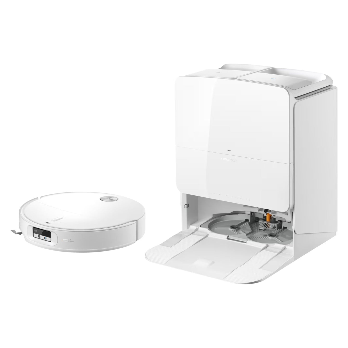 Roborock Qrevo Edge 2 Pro robotstøvsuger med moppe ved siden af selv-rensende dockingstation med åben front.