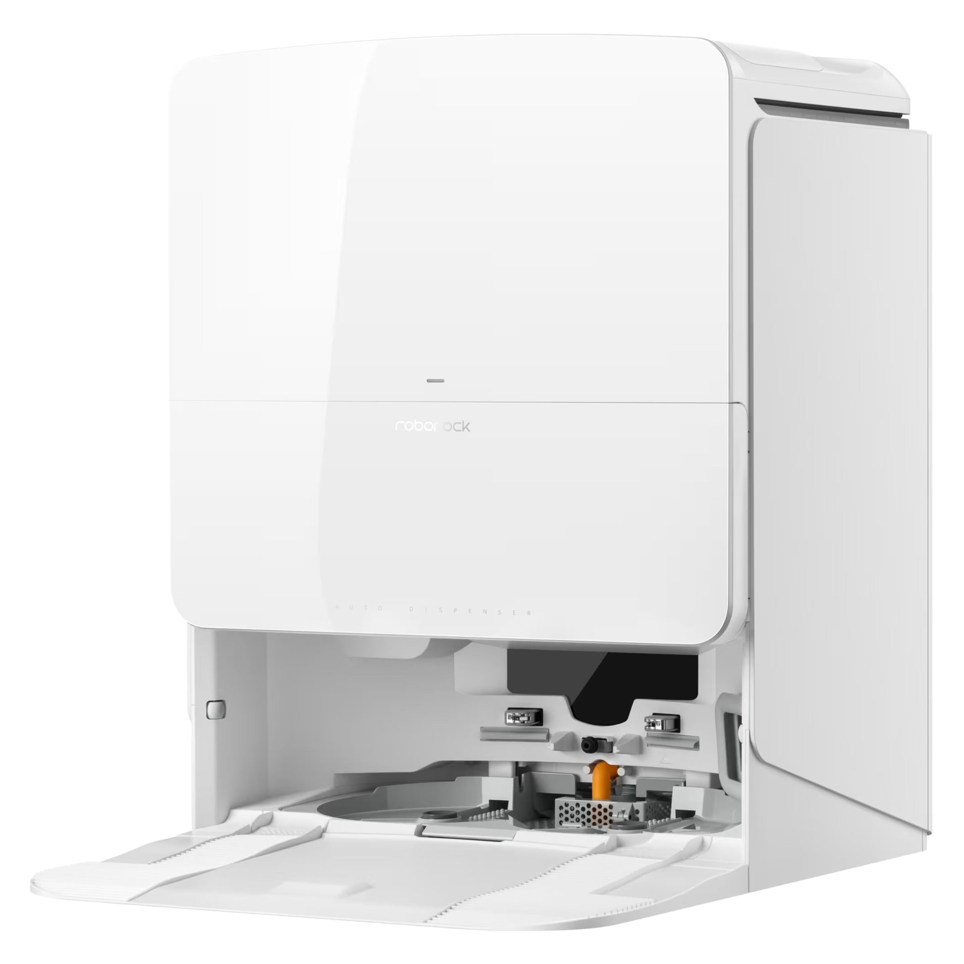 Roborock Qrevo Edge 2 Pro robotstøvsuger med moppe i dockingstation, frontpanel åbent med synlige indvendige rum.