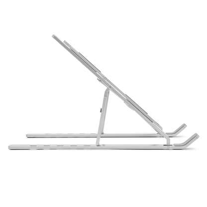 Plexgear Bærbar computerstander, sølvfarvet, justerbar laptop stander i hævet position, set fra siden.