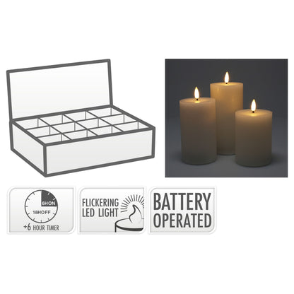 Bloklys LED 3-pakke, tre tændte LED-lys, bokse og ikoner til 18-timers timer, batteri, fjernbetjening, flimmer-effekt.