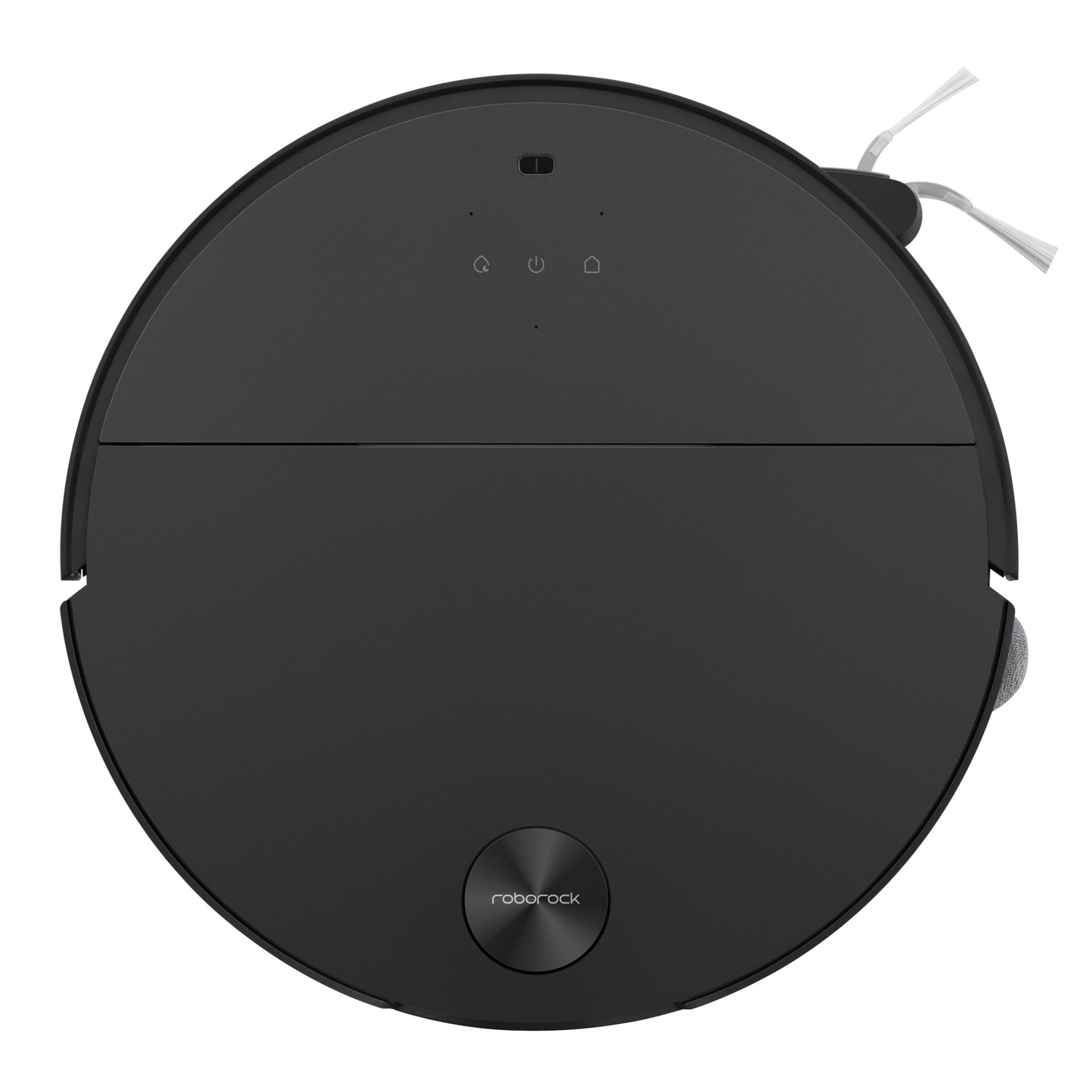 Roborock Saros 10 robotstøvsuger sort, rund med minimalt knapdesign og Roborock-logo nederst, set oppefra, Lidar-navigation.
