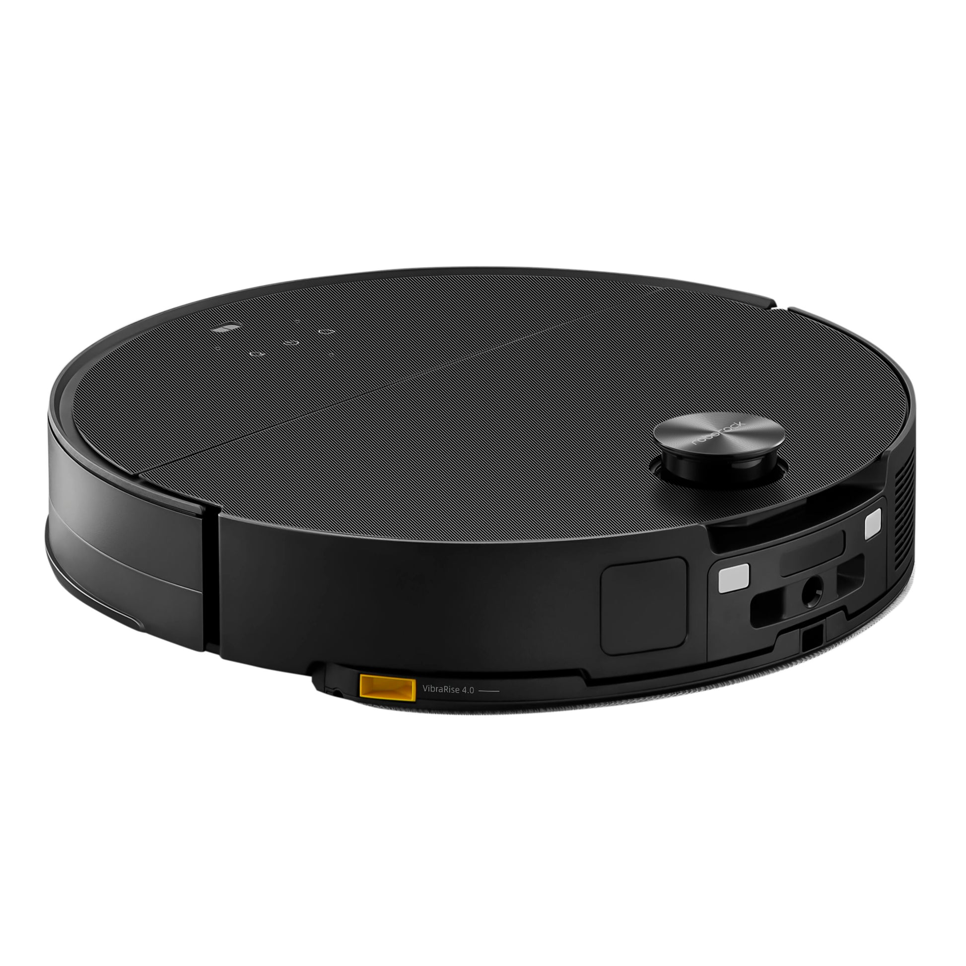 Roborock Saros 10 robotstøvsuger sort, cirkulær med Lidar-sensor på toppen og synlige kontrolknapper.