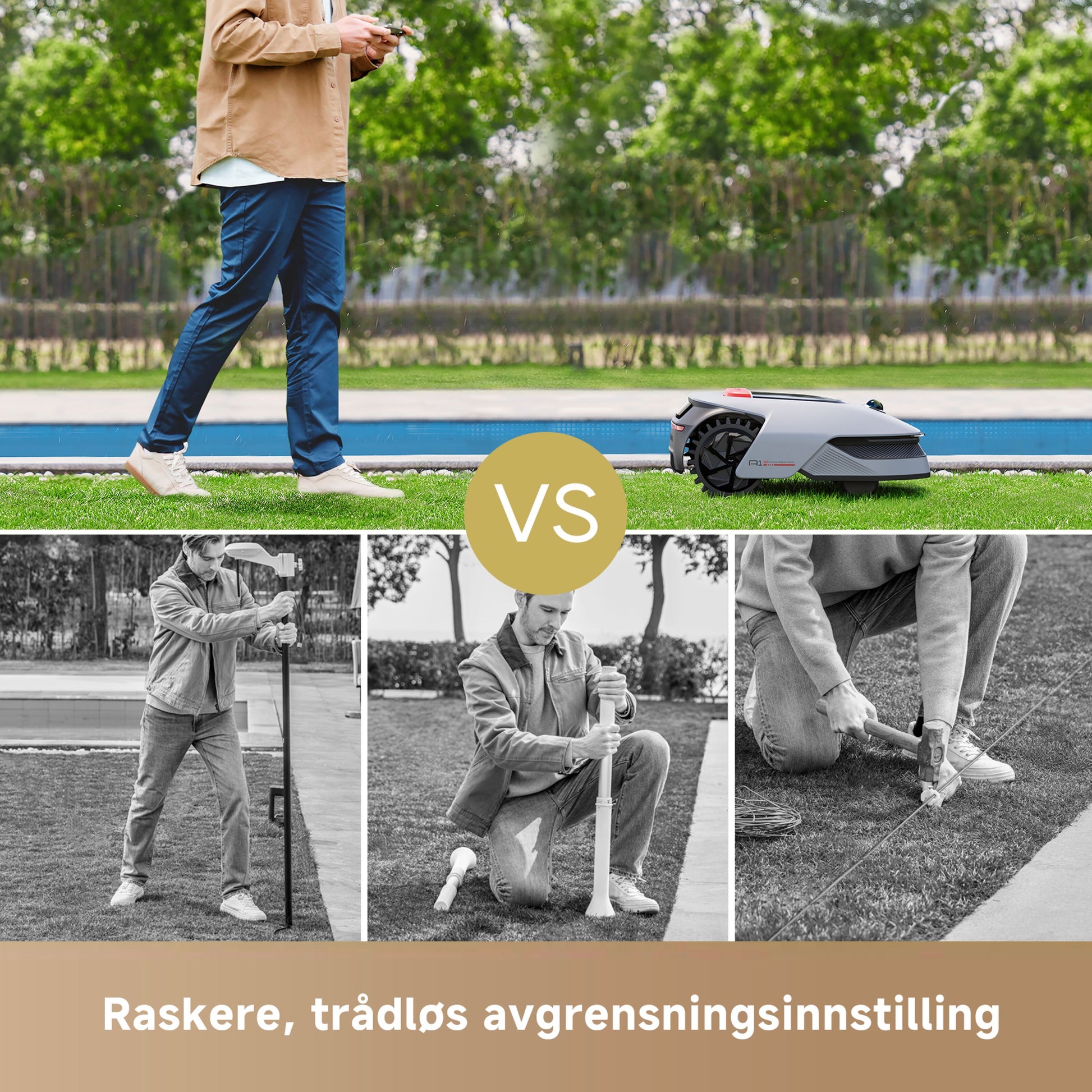 Dreame A1 Pro robotplæneklipper OmniSense 3D Ultra Sensing trådløs afgrænsning sammenlignet med manuelt ledningssetup.