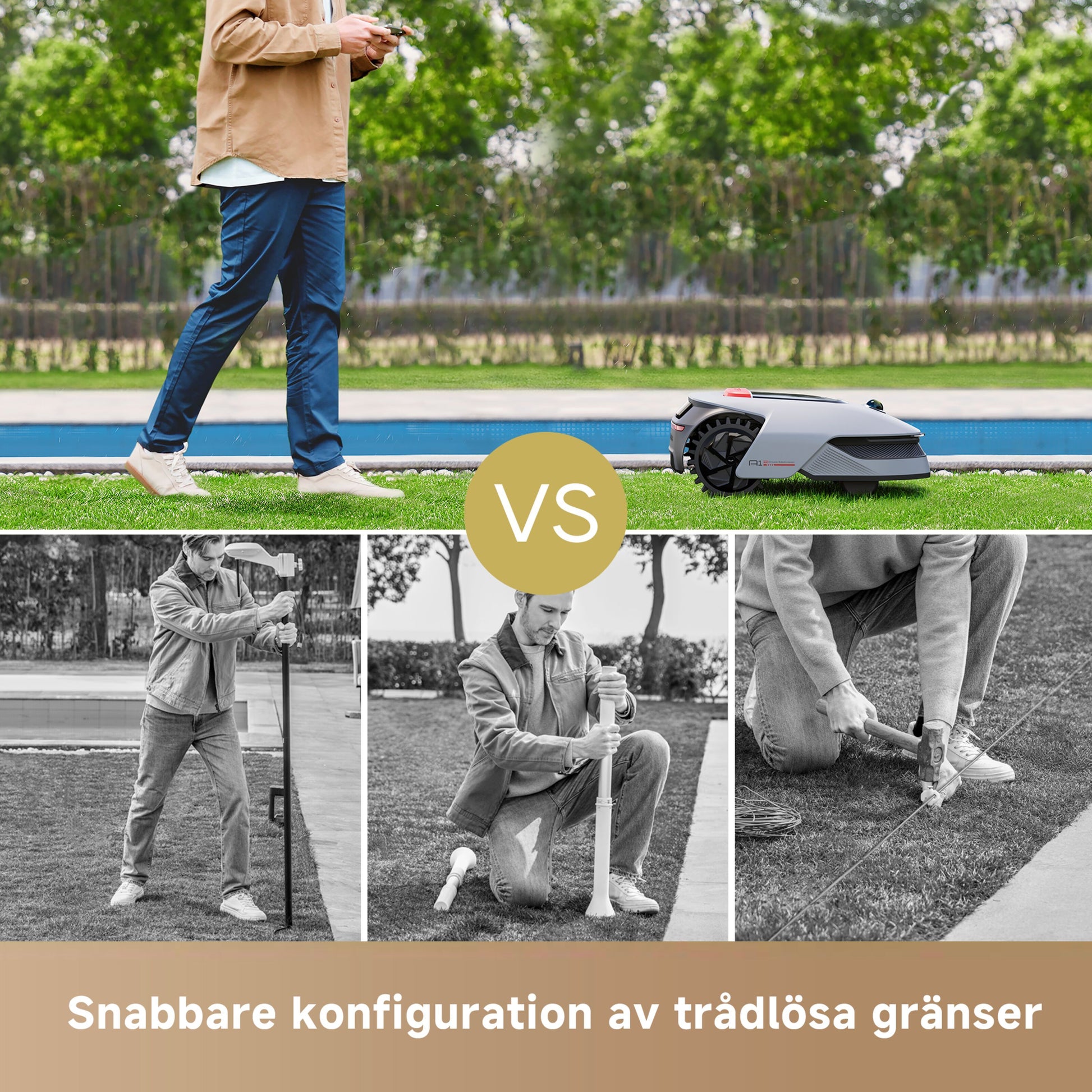 Dreame A1 Pro robotplæneklipper justeres udendørs, tekst "Hurtig konfiguration af trådløse grænser", OmniSense 3D Ultra Sensing.