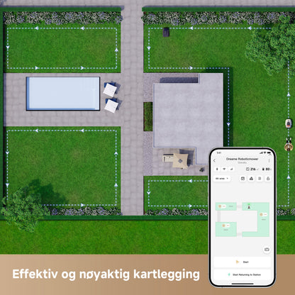 Dreame A1 Pro robotplæneklipper med justerbar klippehøjde vises i brug med app der viser græsslåningsområder.