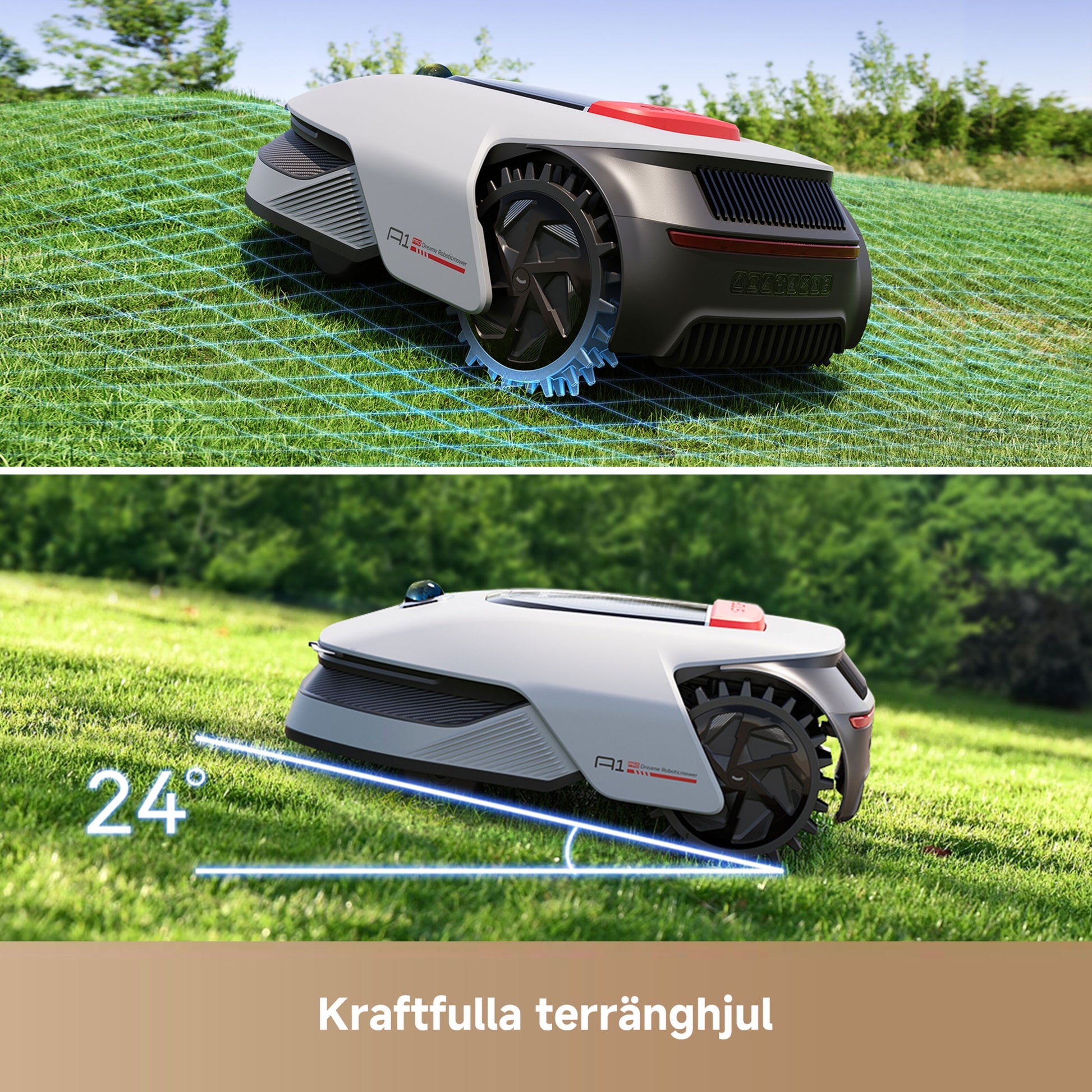 Dreame A1 Pro robotplæneklipper på gitterafmærket bakke og 24° grænhældning med OmniSense 3D og terrænghjul.