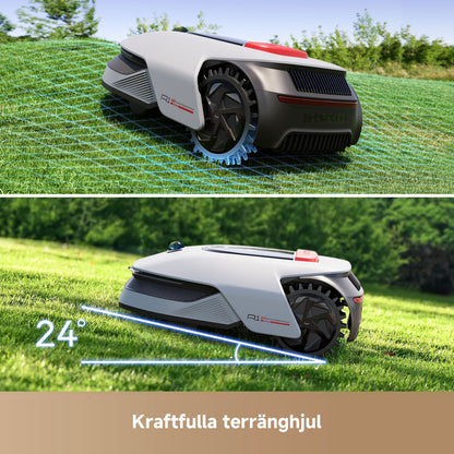 Dreame A1 Pro robotplæneklipper på gitterafmærket bakke og 24° grænhældning med OmniSense 3D og terrænghjul.