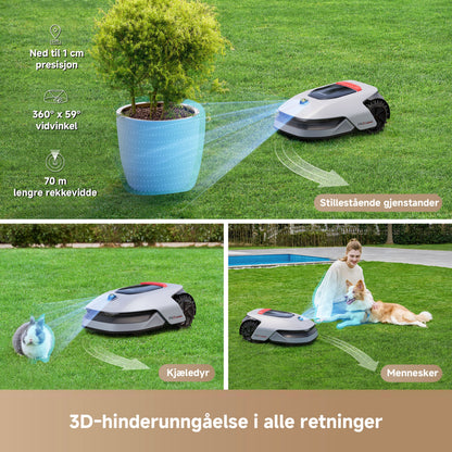 Dreame A1 Pro robotplæneklipper med OmniSense 3D Ultra Sensing, 1 cm præcision, 360° udsyn og 70 m rækkevidde.